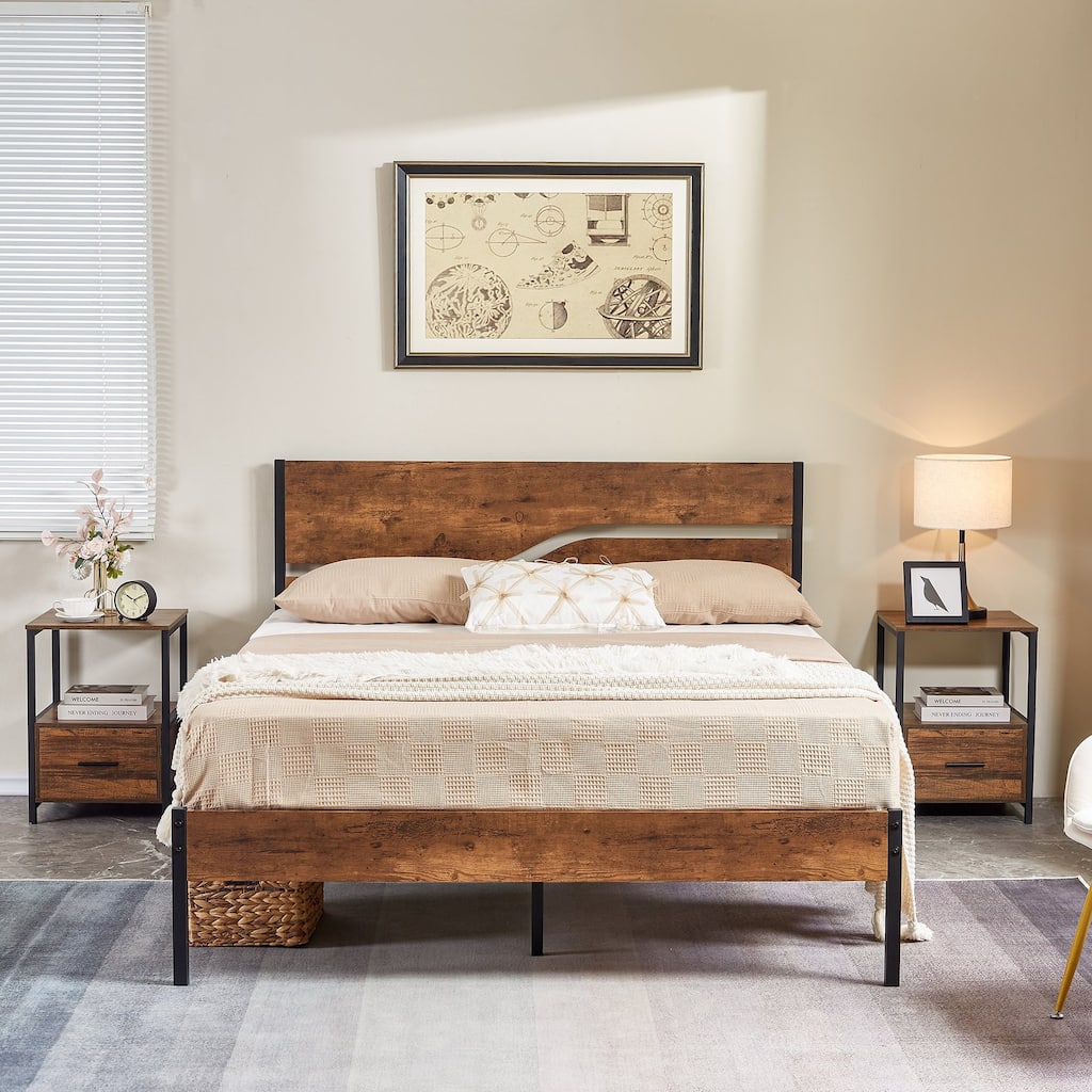 3-pieces Bedroom Set Platform Bed Frame Set of 2 Nightstands with Charging Station USB Port