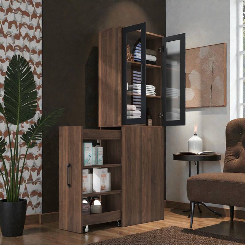70.87" Tall Display Storage Cabinet with 4-Tier Pull-Out Shelf & Glass Doors, Modern Wooden Kitchen Pantry for Home