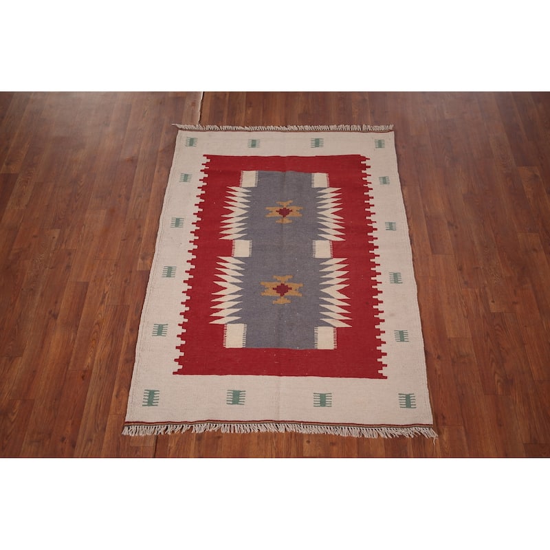 Geometric Kilim Persian Foyer Rug Flatweave Wool Carpet - 3'3"x 4'5"