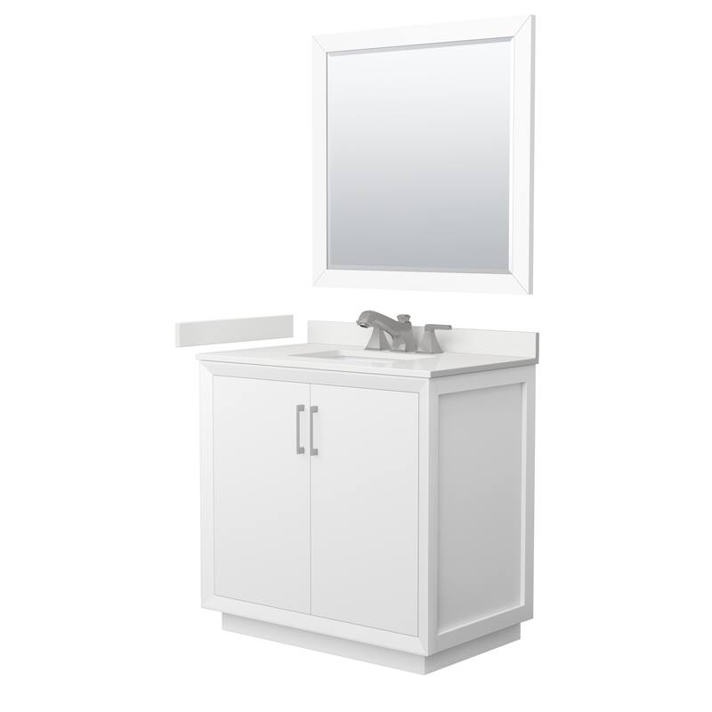 Strada 36-inch Single Vanity, Quartz Top, 34-inch Mirror - White, Nickel Trim, White Quartz Top