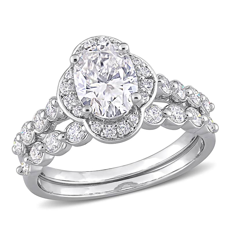 Miadora 1 7/8ct DEW Oval-cut Moissanite Floral Halo Bridal Ring Set in Sterling Silver