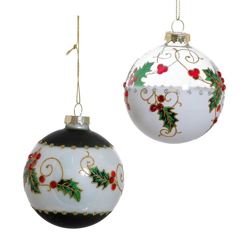 Kurt Adler 80MM Holly Leaves and Berries Glass Ball Ornaments, 6-Piece Set
