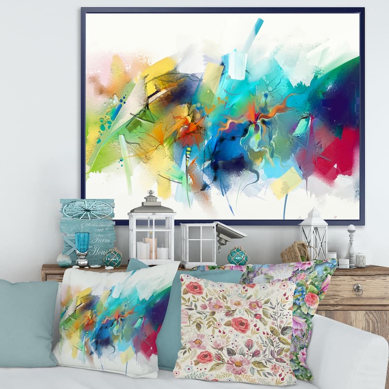 Designart "Turquoise Story With Touches Of Yellow And Red" Modern Framed Canvas Wall Art Print