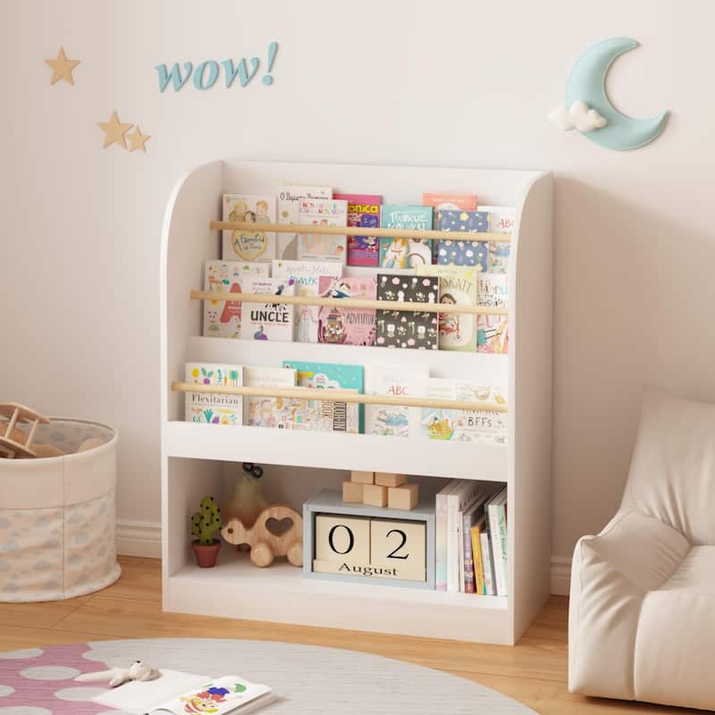 Anmytek 3-Tier Kids Bookcase with Storage Bin, Front-Facing Display for Toddlers, White with Wooden Guardrails