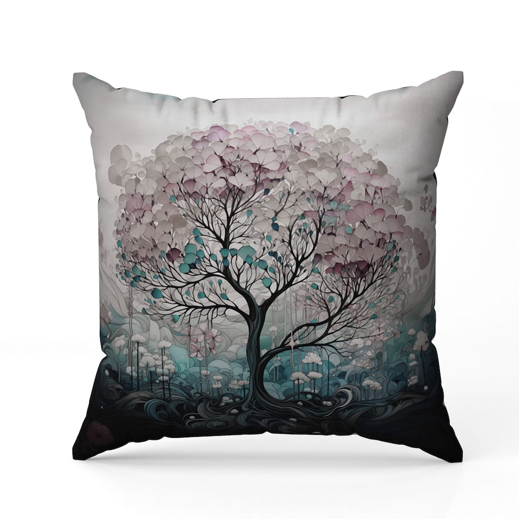 Beautiful Tree of Life Indoor/Outdoor Reversible Throw Pillow Pink and Teal