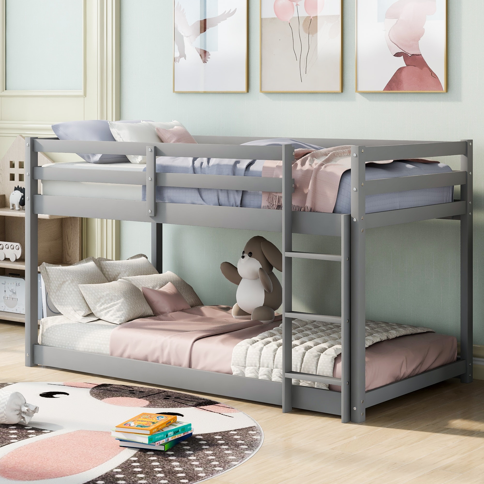 Twin over Twin Floor Low Bunk Bed Sturdy Wood Beds with Ladder Full Length Guardrail Top Bunk for Kids Teens