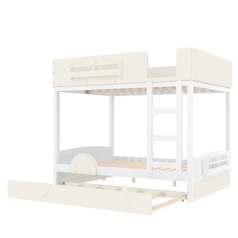 Full Bunk Bed with Trundle, Wood Bunk Bed Frame with Built-in Bookshelf and High-quality Safety Guardrail