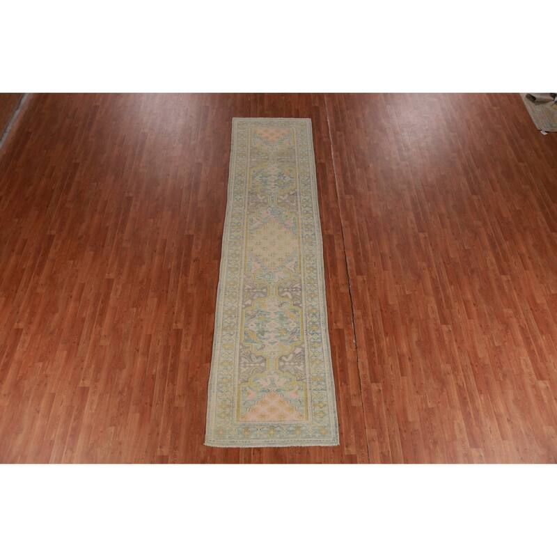 Hand Knotted Oriental 100% Wool Carpet Transitional Geometric Greys & Charcoal Oushak Runner Rug - 12' 1'' X 3' 1''