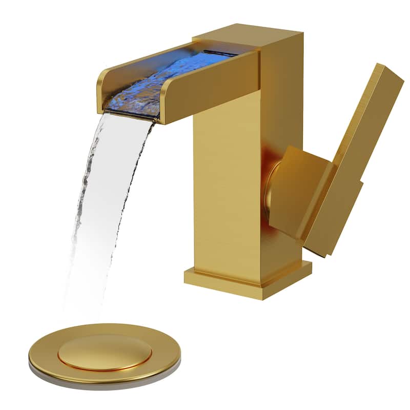 GRANDJOY LED Waterfall Bathroom Sink Faucet with Drain Assembly, Single Handle Vanity Fixture - Brushed Gold