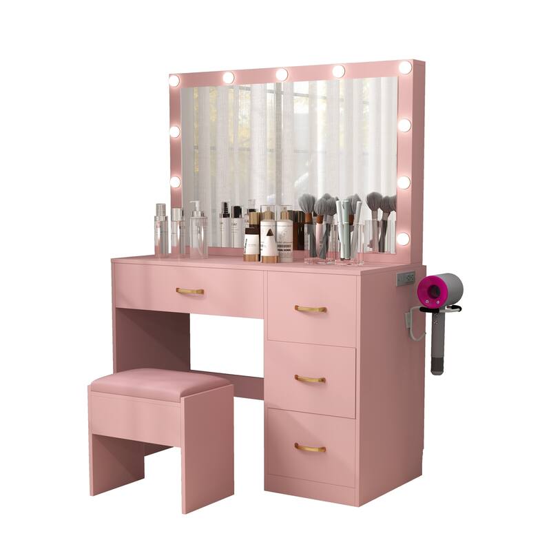 Black Vanity Desk Makeup Table Lighted Mirror Dressing - 35.4"L x 15.7"W x 53.5"H