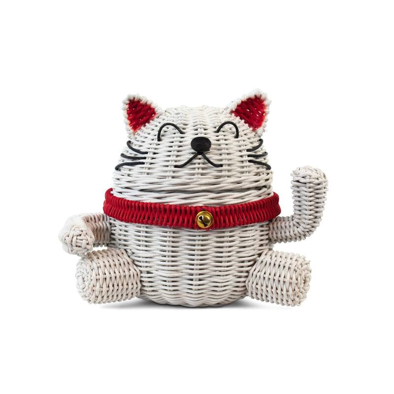 Lucky Cat Rattan Storage Basket with Lid Decorative Bin Home Decor Hand Woven Shelf Organizer Cute Handmade Handcrafted Gift - 8" wide x 7" tall x 5.5"deep
