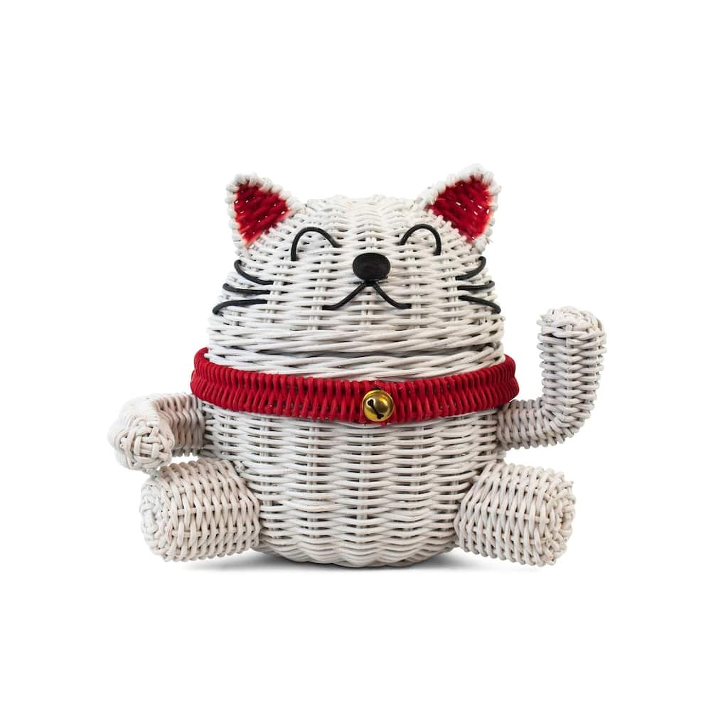 Lucky Cat Rattan Storage Basket with Lid Decorative Bin Home Decor Hand Woven Shelf Organizer Cute Handmade Handcrafted Gift