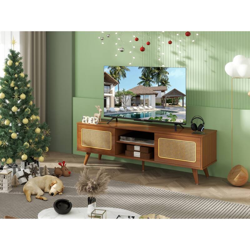 Modern TV Stand with 2 Storage Cabinet and Upper and Lower Compartment 4 Strips Wood Legs for Living Room