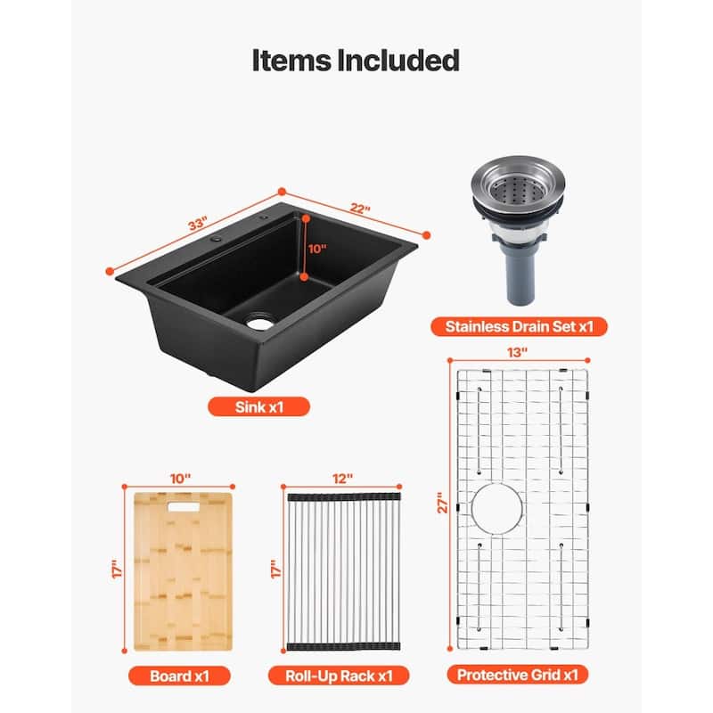 33" Top-Mount Black Kitchen Sink Granite Single Bowl with Roll-Up Rack and Cutting Board - 33" x 22" x 10"