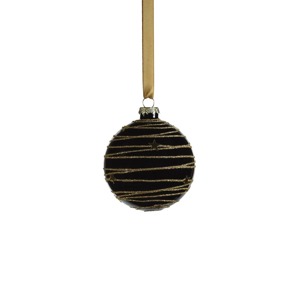 3.25" Black Glass Ball Ornaments w/ Gold Glitter and Stars, Set of 6