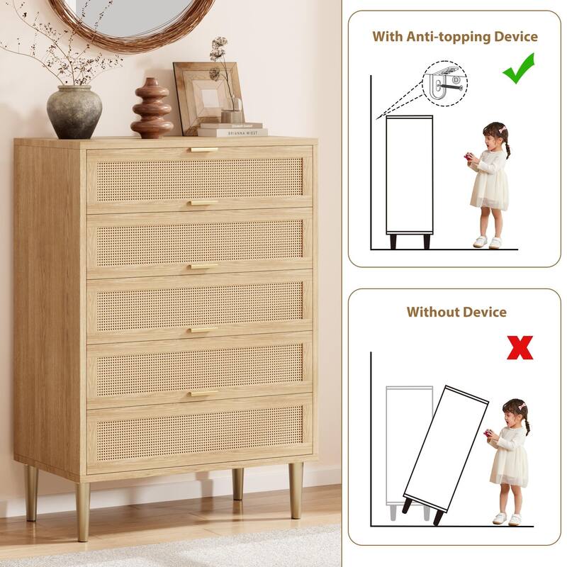 5 Drawers Tall Rattan Dresser, with Metal Legs and Handles, 44''