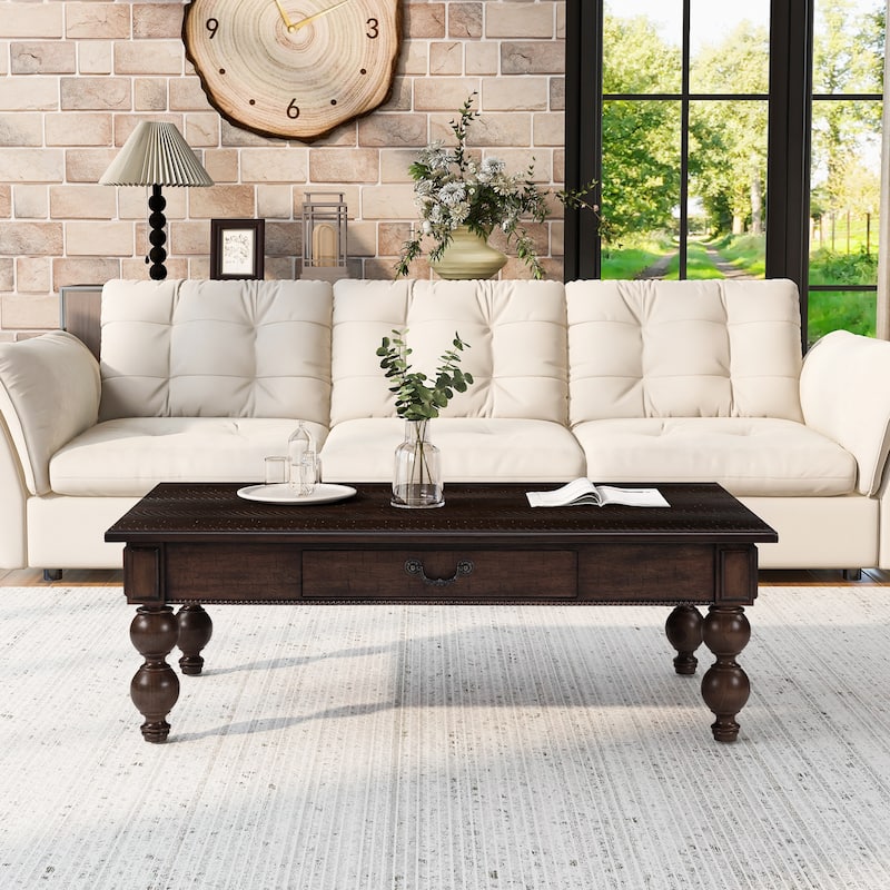 Vintage Cocktail Table Rectangular Wooden Coffee Table with Storage Drawer, Gourd-Shaped Legs and Zinc Alloy Handle - Espresso
