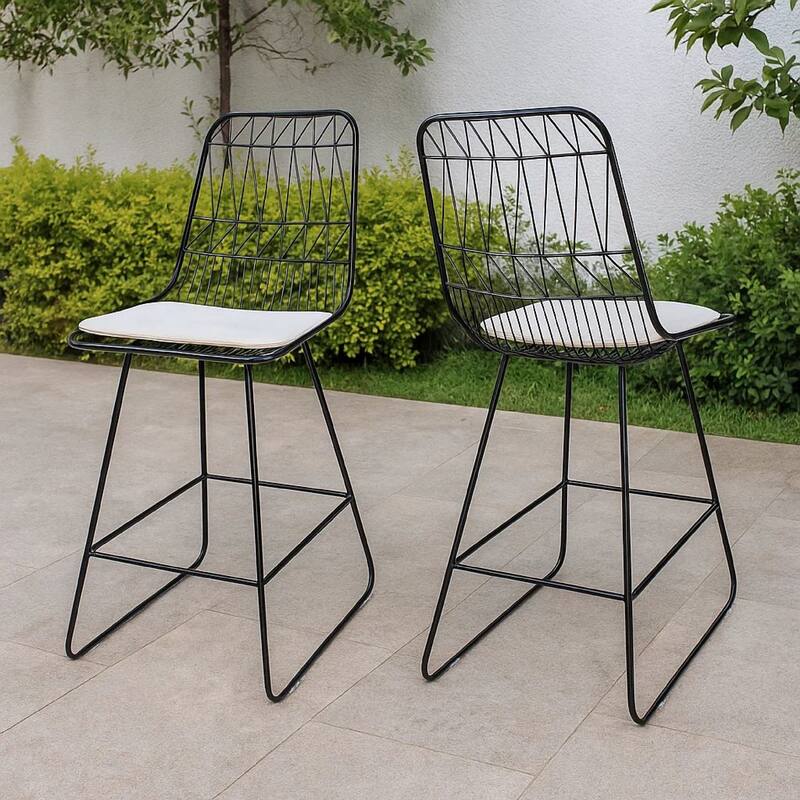 Outdoor Counter Stool Chair Set of 2, Black Iron Frame Construction