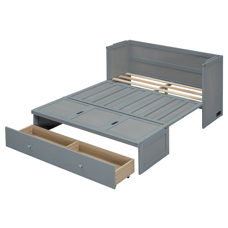 Full Size 2-in-1 Murphy Bed Cabinet with Space Saving Design with Built in USB/Power Outlets, Large Storage Drawer