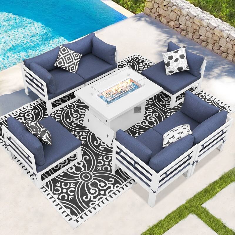 FINCATI Set of 7 Patio Conversation Furniture Sectional Sofa Set with Table - Denim Blue