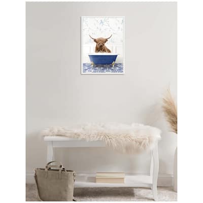 Kate and Laurel Sylvie Highland Cow in Eclectic Blue Bathtub Framed Canvas by Amy Peterson