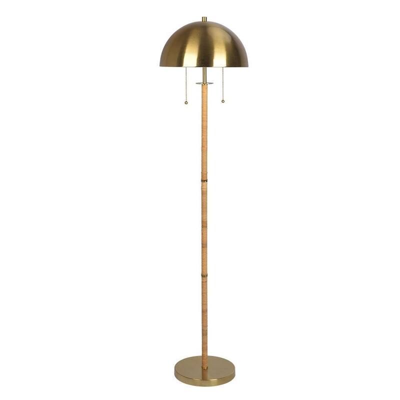 2-Light Floor Lamp, Gold Brass, Natural Rattan Tube , Double On/Off Pull Chain
