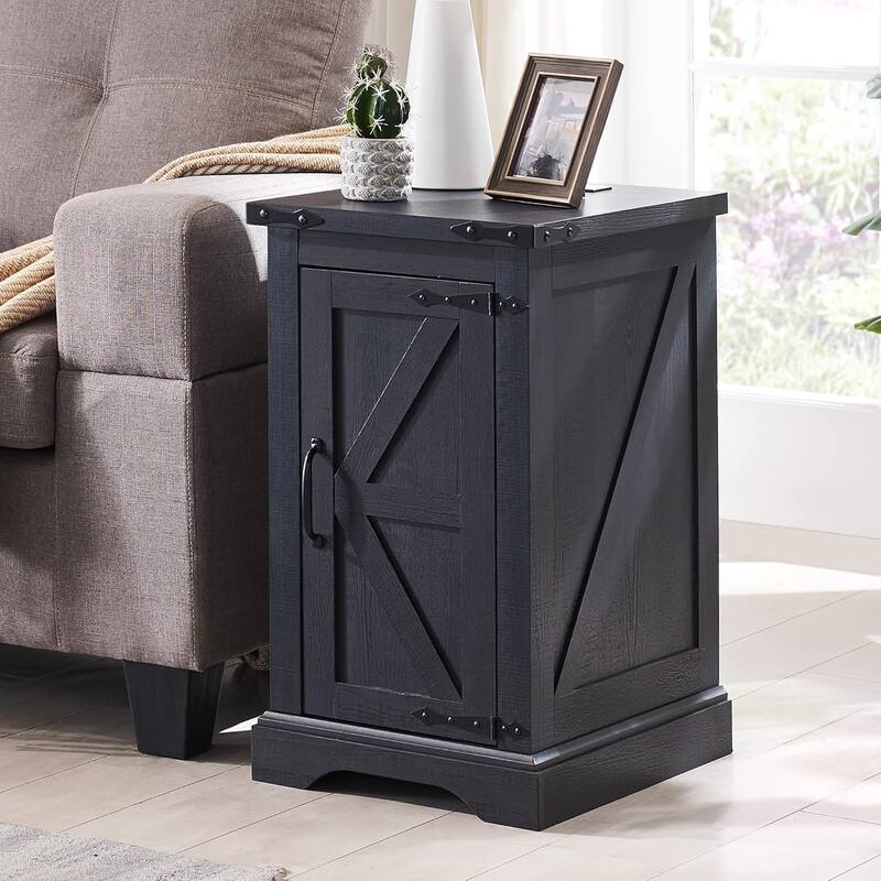Farmhouse Nightstand with Charging Station, Wood Rectangular End Table - Black