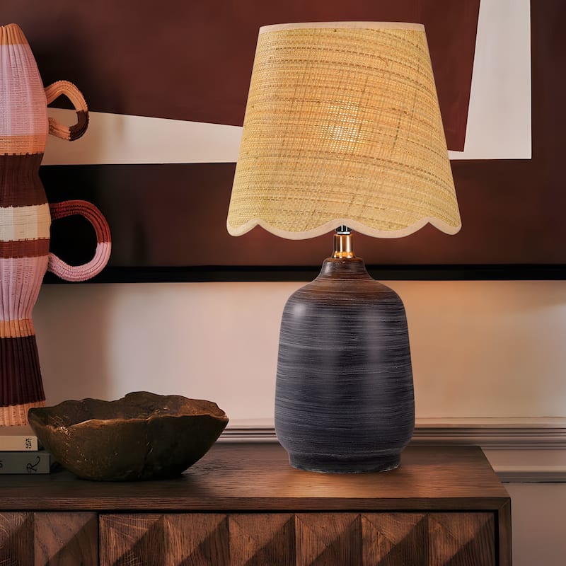 18.9" Ceramic LED Table Lamp, Living Room Lamps For End Tables - Black White Striped - 10.1"W X 10.1"D X 18.7"H