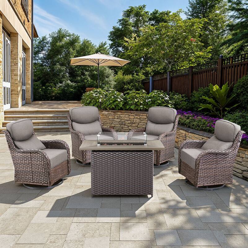 Arcadia 5-Piece Patio Conversation Set with 4 Swivel Glider Chairs and Wicker Fire Pit