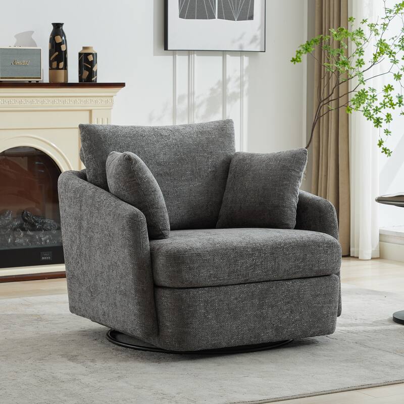 Corduroy Fabric Swivel Accent Chair, Oversized Round Armchair with 2 Thorw Pillows, Ergonomic Upholstered Lounge Sofa Chair