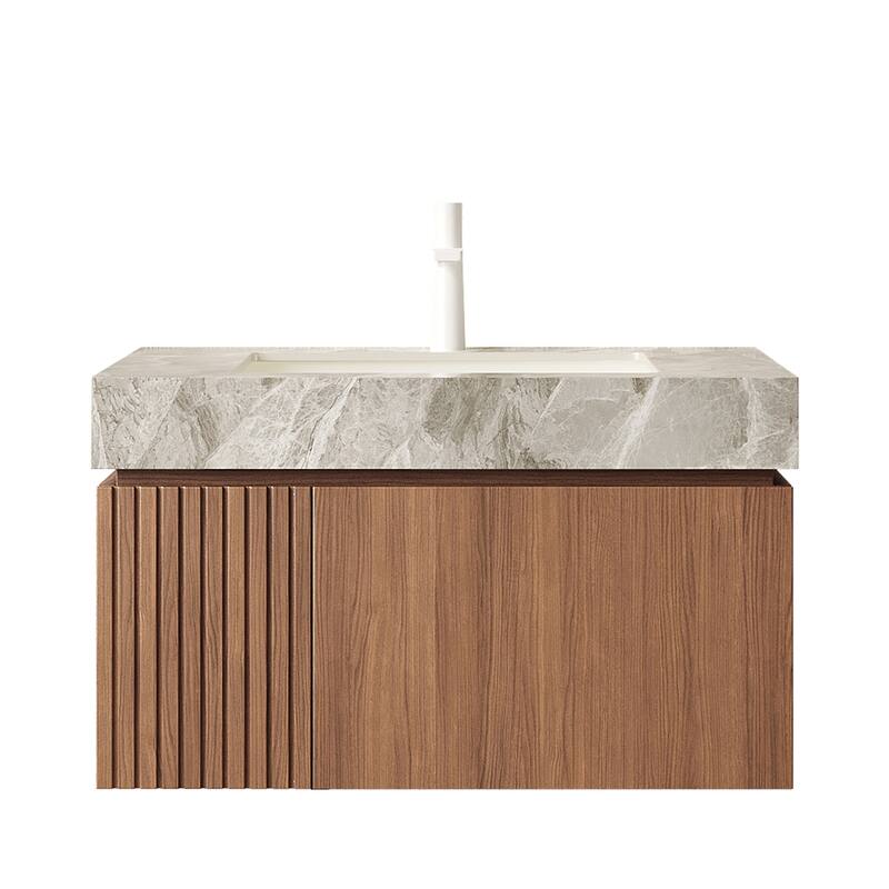 30"/36"/48" Wall-Mounted Bathroom Vanity with Ceramic Sink, Sintered Stone Countertop Floating Bathroom Storage Cabinet