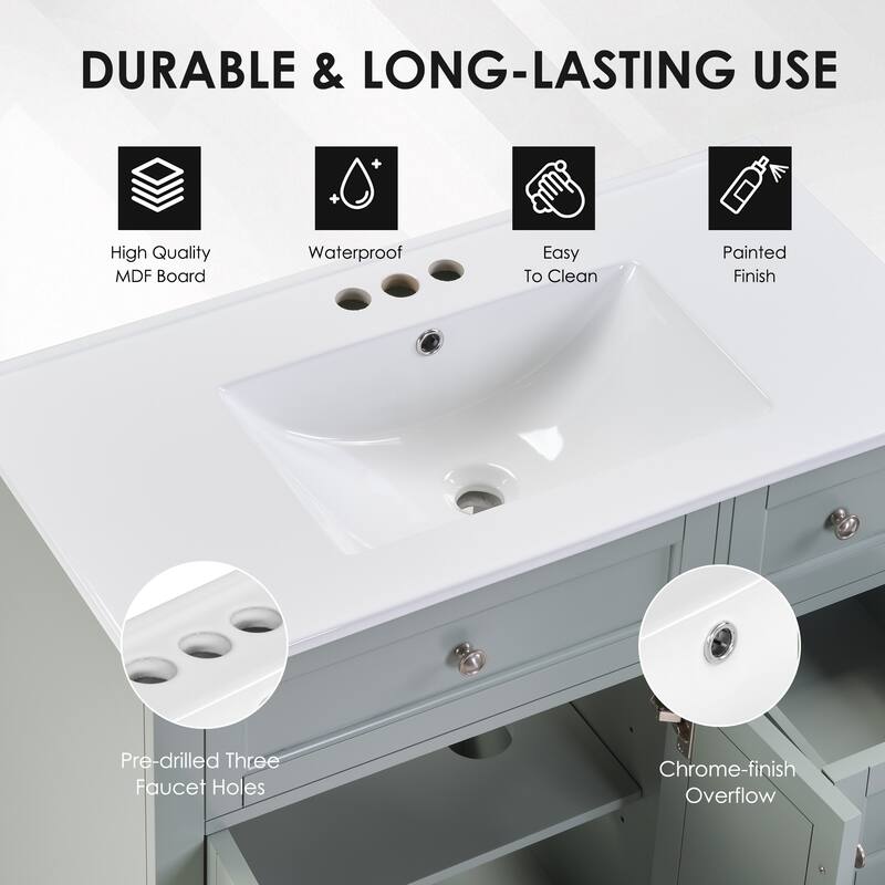 36" Bathroom Vanity With Top Ceramic Art Sink and Artificial Stone Slab, 2-Soft Close Door, Wall-Mounted Mounting Design