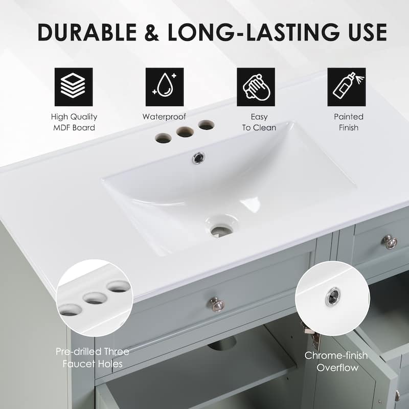 36" Bathroom Vanity with Ceramic Sink Solid Wood Frame Soft Close Drawers and Adjustable Storage Shelves