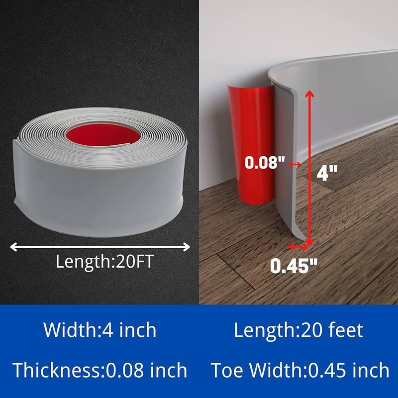 4in x 40ft Self-Adhesive PVC Flexible Baseboard Moulding Trim
