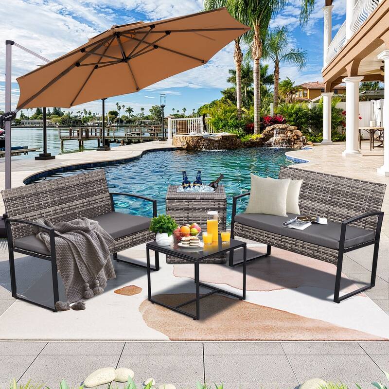 4-Piece Wicker Outdoor Sofa Set, 2 Loveseats, 1 Table, 1 Ice Bucket - Gray/Gray