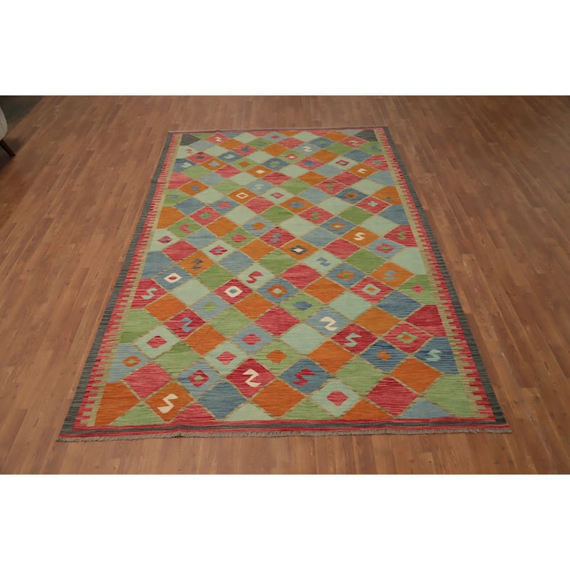Hand Woven Oriental 100% Wool Carpet Southwestern Tribal Multi-Colored Kilim Area Rug - 9' 11'' X 6' 7''