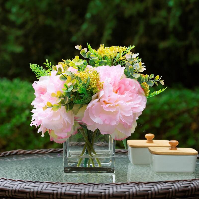 Mixed Silk Peony Flower in Clear Glass Vase With Faux Water for Dining Table Decoration, Home Wedding