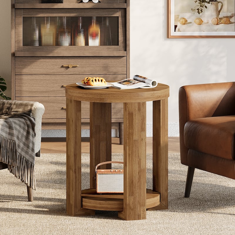 Side Table, 2-Tier Round End Table, Small Bedside Accent Furniture for Living Room, Bedroom