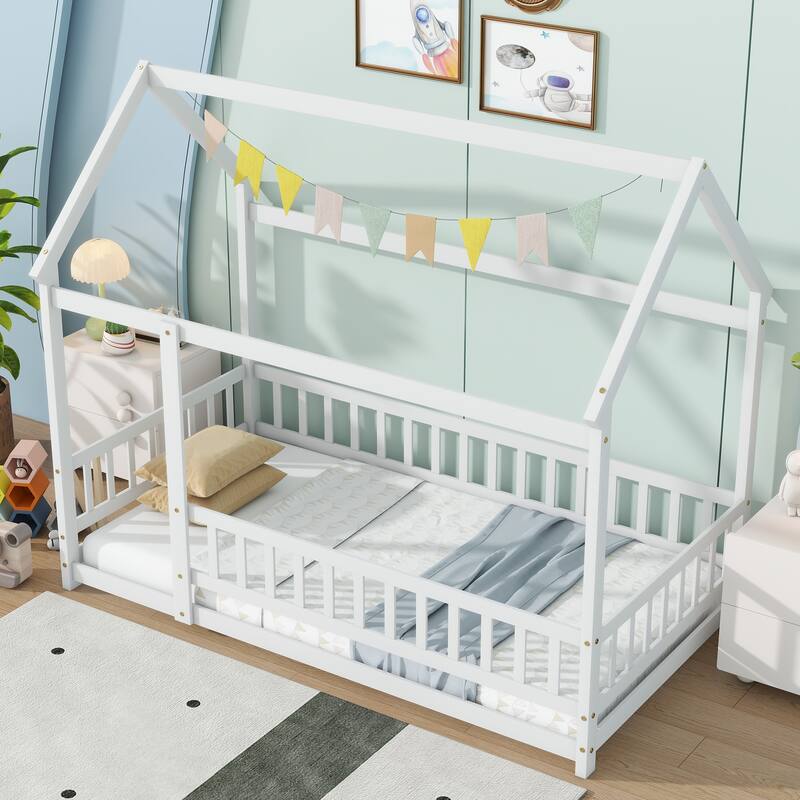 Twin Floor Bed with House Roof Frame, Safety Guardrails, and Fence Design