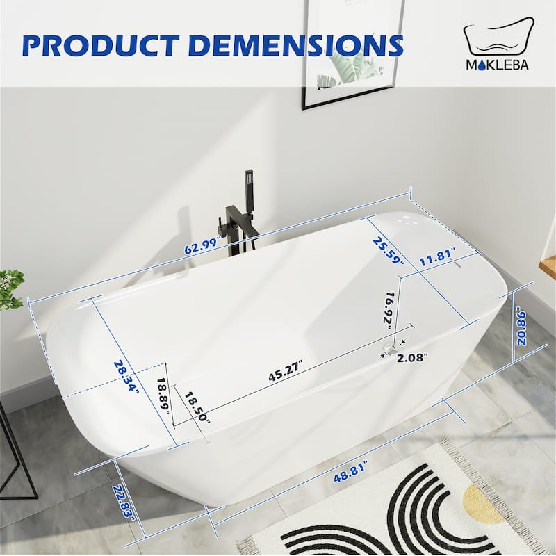 63 in. Acrylic Flatbottom Freestanding Bathtub Soaking with Pop Up Drain