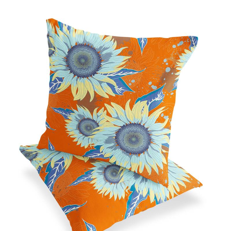 HomeRoots Set of Two 16" X 16" Blue and Yellow Blown Seam Floral Indoor Outdoor Throw Pillow - 16.00' X '16.00' X '5.00