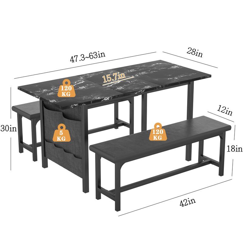 VECELO 3-Piece Dining Table Set with 2 Benches, 63" Extendable Kitchen Table & Chairs Set for 4-8, Dining Room Table