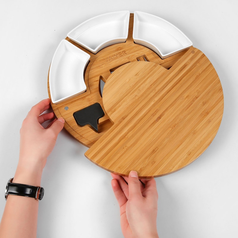 Vaiyer Charcuterie Cheese Cutting Board Set w/ Slide Out Board w 3 Knives, 3 Ceramic Bowls w 2 Slate Labels & Chalk Marker