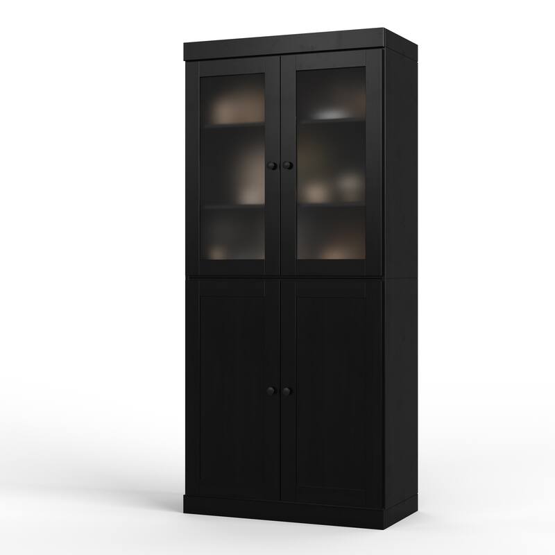 Palace Imports 100% Solid Wood 32" Pantry Cabinet with Frosted Glass, Shaker Doors, 2-Drawers and Adjustable Shelves - Black