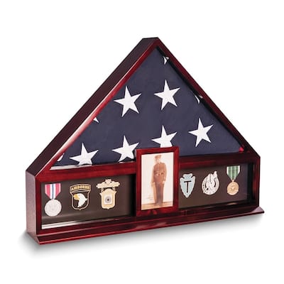 Curata Handcrafted Oak Finish Wood Military Flag and Medal Display Case with 4x6 Photo Frame