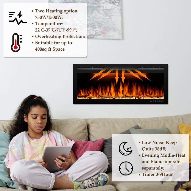 72inches Wall Mounted& Recessed Electric Fireplace with Remote Control