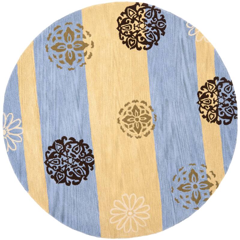 SAFAVIEH Handmade Soho Kourtney Stripe N.Z. Wool Rug - 6' Round - Gold/Blue