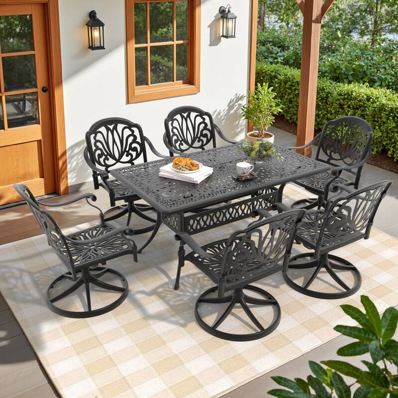 7-Piece Aluminum Rectangular Outdoor Patio Dining Set, 6 Cushioned Swivel Chairs, Table, All-Weather Frames