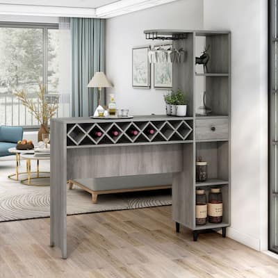 DH BASIC Transitional Vintage Grey Oak 6-Open Shelf Bar Table with Wine Storage by Denhour