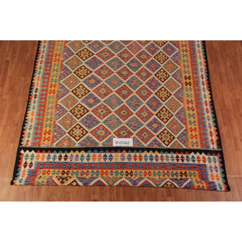 Colorful Trellis Kilim Oriental Rug Flatweave Geometric Wool Carpet - 8'5"x 10'3"